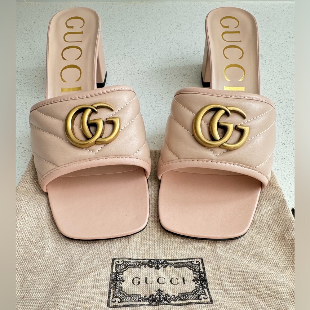 Gucci GG Block Heel Quilted Leather Sandals EU 39.5 US 9.5 Nude - Picture 2 of 8